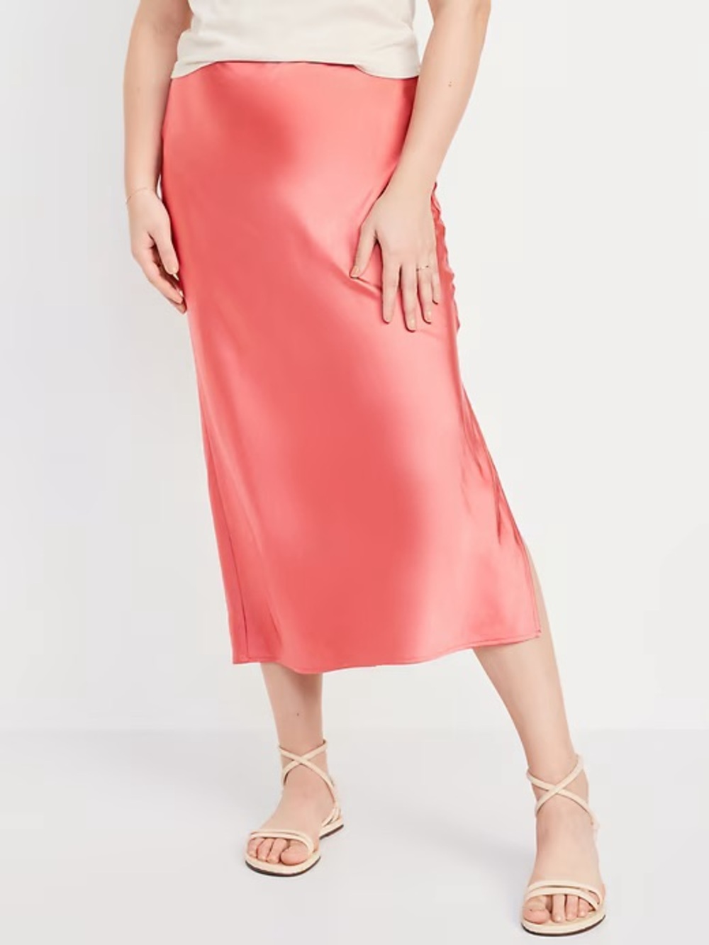 Women's Satin Midi Skirt in coral/Rose